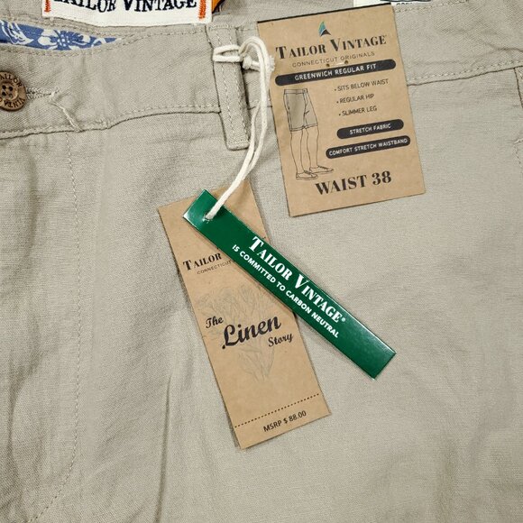 Tailor Vintage Greenwich Chino Shorts Stretch Khaki Linen Size 38 Beige Tan - Picture 4 of 8